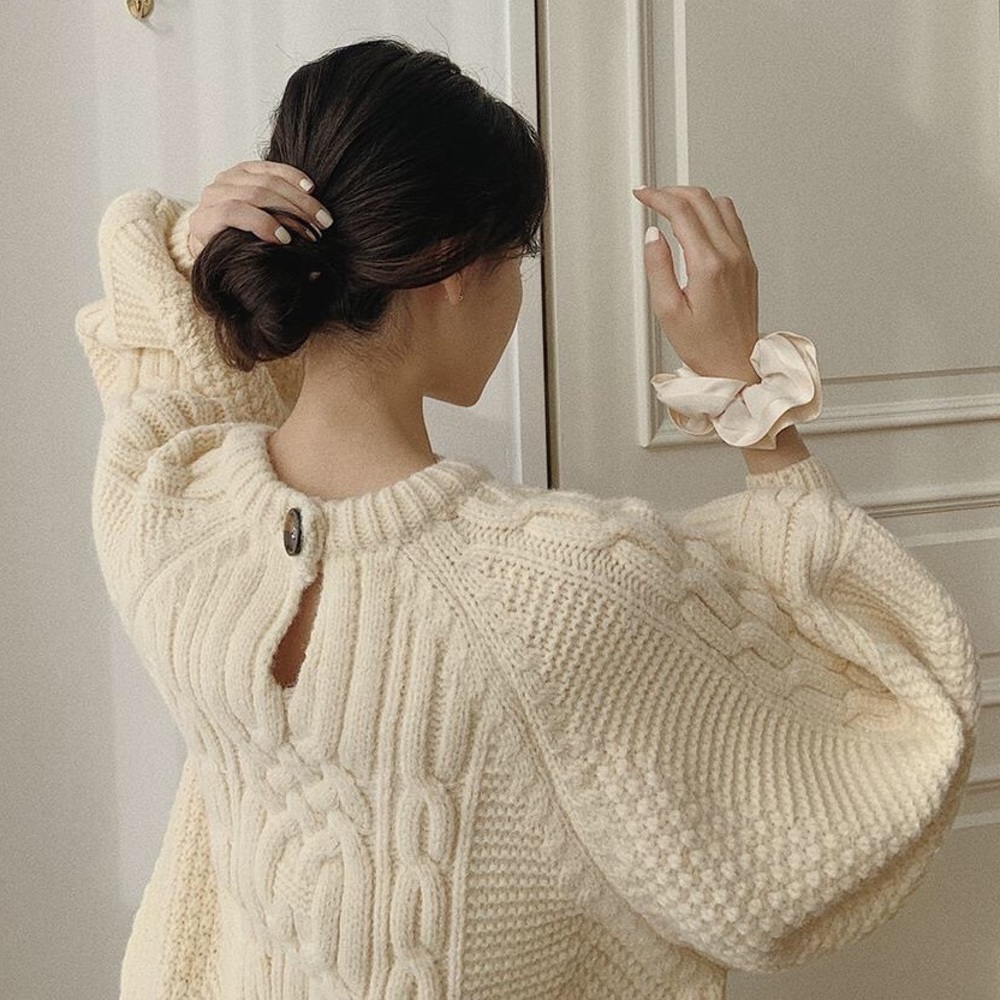 Sweater cable knit lantern sleeve cream beige womens long sleeve top - Picture 4 of 10